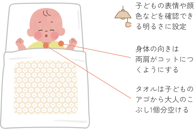 子どもの表情や顔色などを確認できる明るさに設定身体の向きは両肩がコットにつくようにするタオルは子どものアゴから大人のこぶし1個分空ける